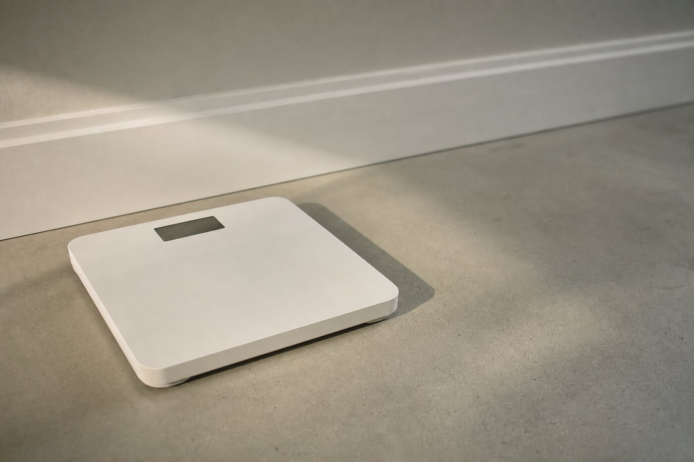A weighing scale on a bathroom floor